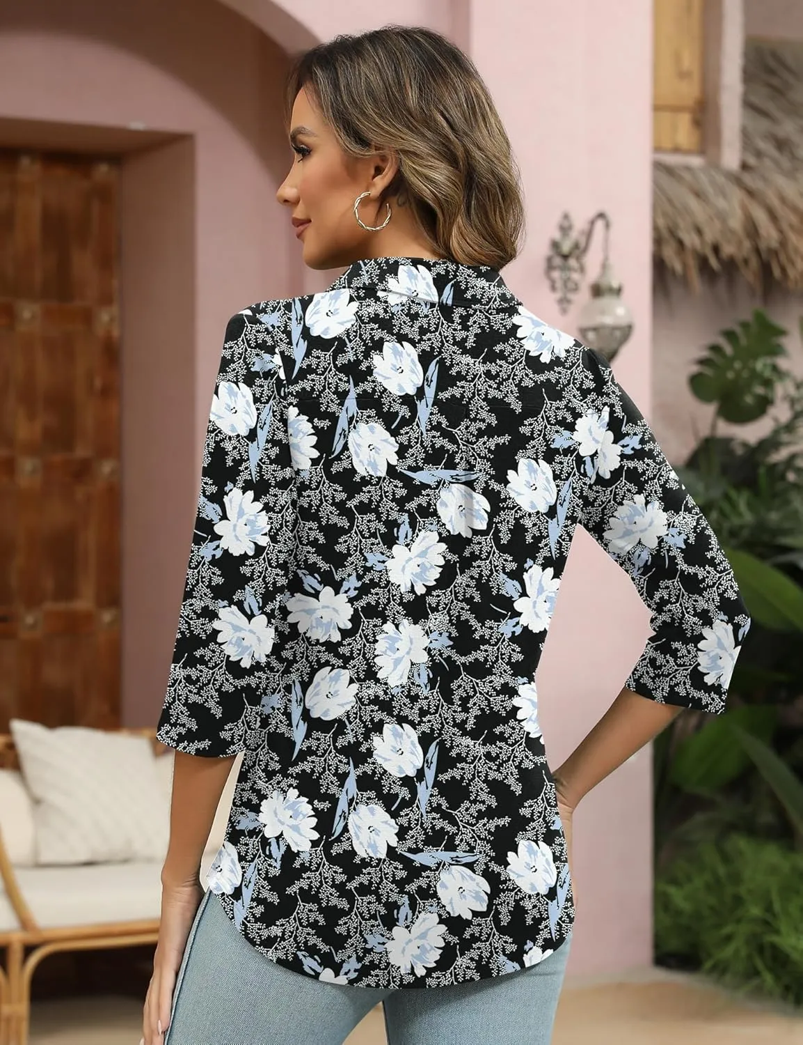 Womens 3/4 Sleeve V Neck T Shirt Floral Collared Button Down Shirts for Women S-XXL