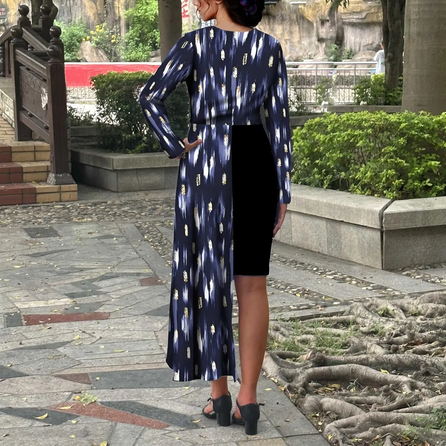 Women's Cocktail Party Dress Long Sleeve Floral Vintage Fit Flare Asymmetrical Flowy Midi Dresses