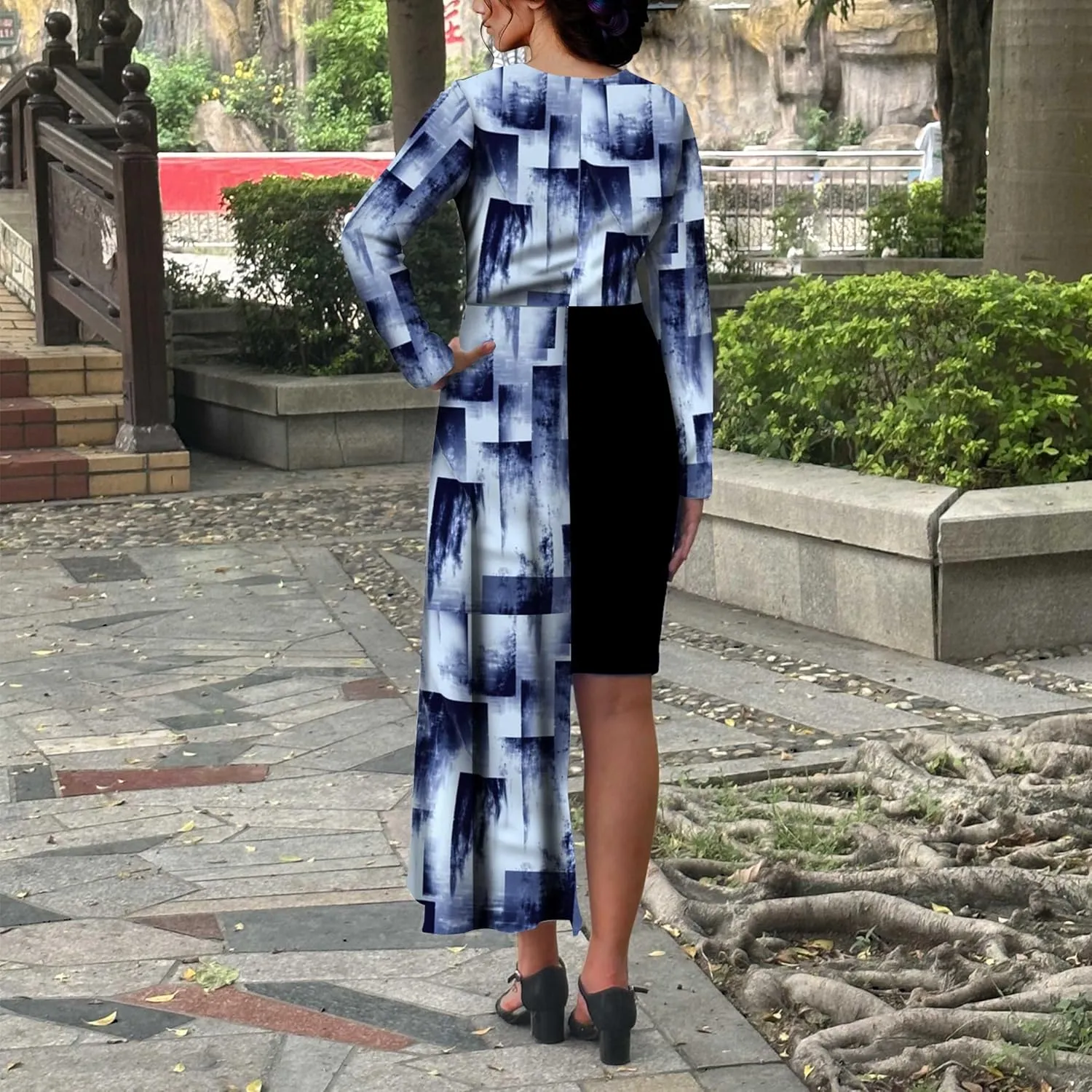 Women's Cocktail Party Dress Long Sleeve Floral Vintage Fit Flare Asymmetrical Flowy Midi Dresses