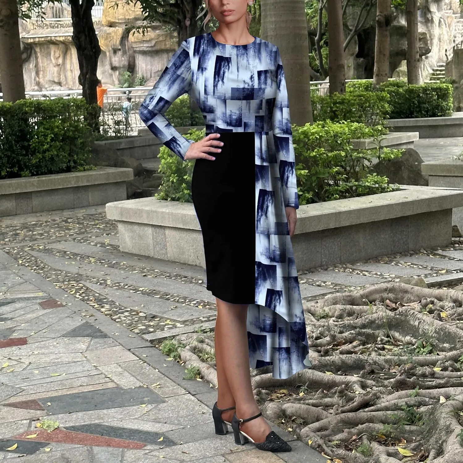 Women's Cocktail Party Dress Long Sleeve Floral Vintage Fit Flare Asymmetrical Flowy Midi Dresses