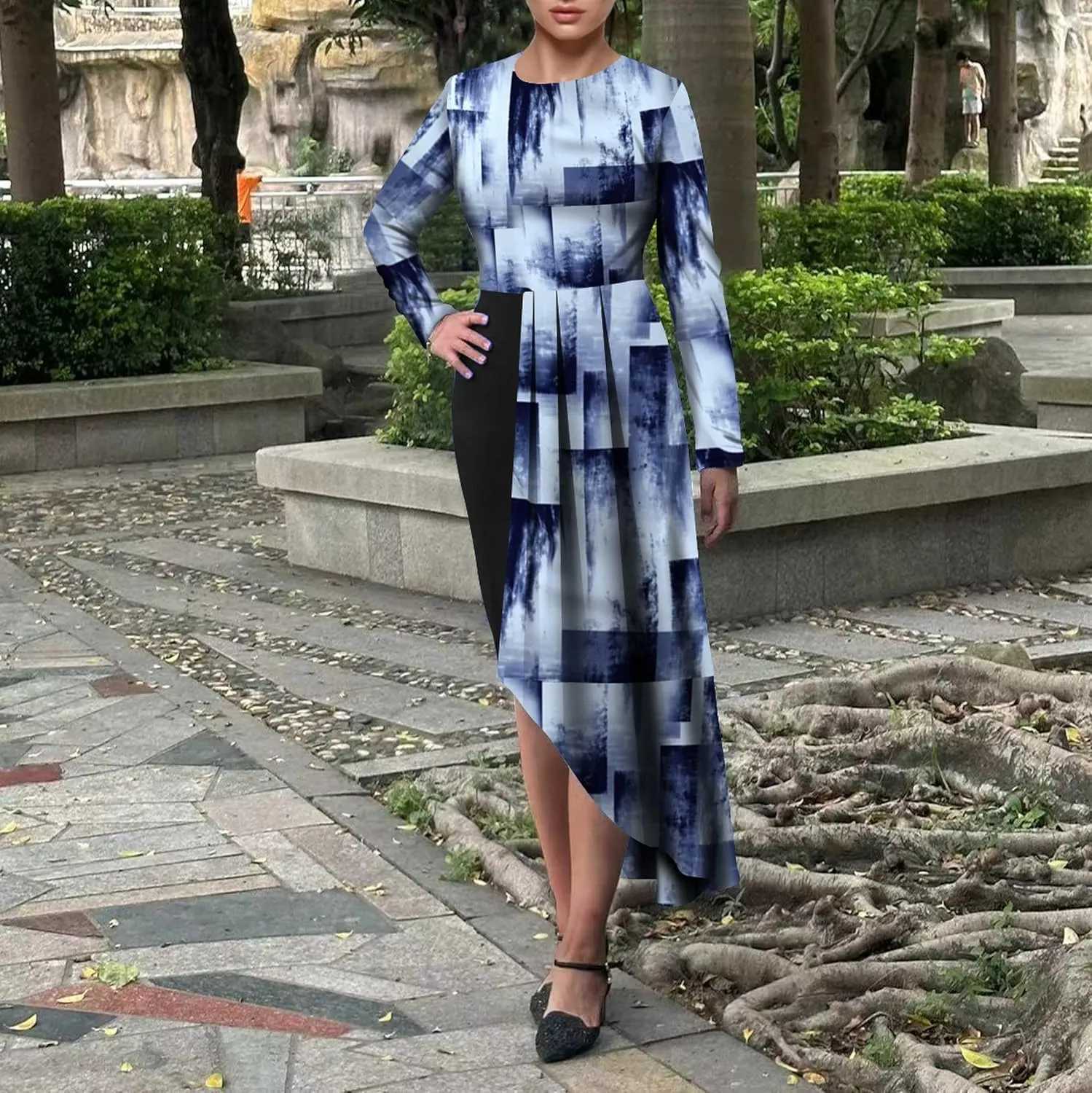 Women's Cocktail Party Dress Long Sleeve Floral Vintage Fit Flare Asymmetrical Flowy Midi Dresses