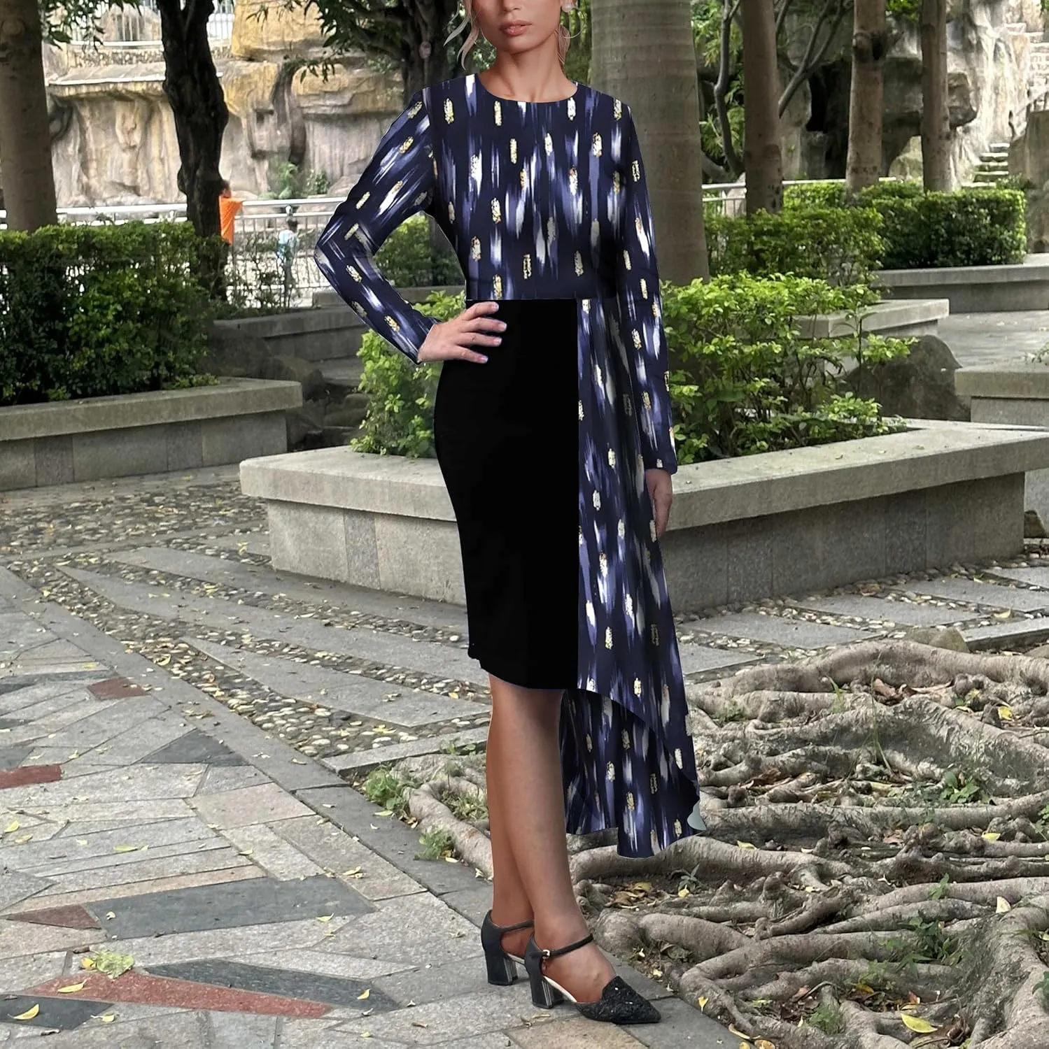 Women's Cocktail Party Dress Long Sleeve Floral Vintage Fit Flare Asymmetrical Flowy Midi Dresses