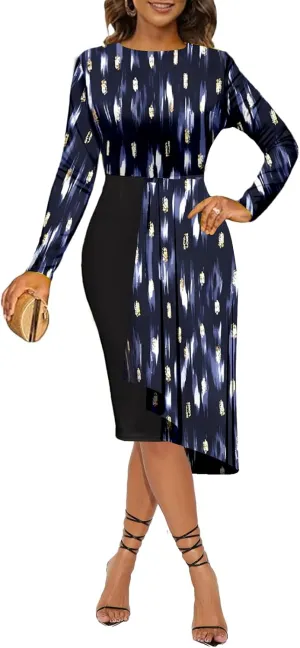 Women's Cocktail Party Dress Long Sleeve Floral Vintage Fit Flare Asymmetrical Flowy Midi Dresses