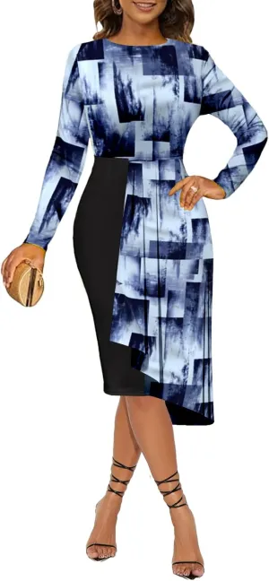 Women's Cocktail Party Dress Long Sleeve Floral Vintage Fit Flare Asymmetrical Flowy Midi Dresses