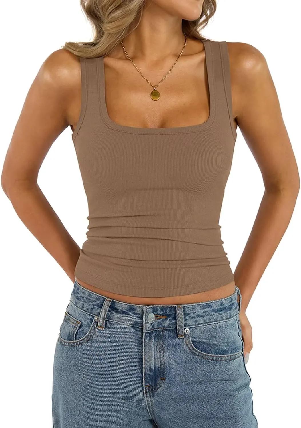 Womens Cotton Square Neck Ribbed Tank Tops Fitted Thin Shoulder Strap Sleeveless Basic Summer Cami Clothes 2025
