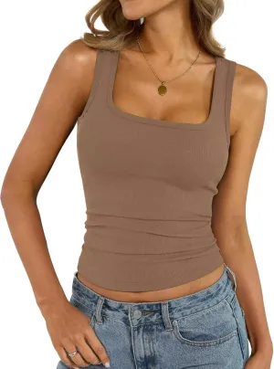 Womens Cotton Square Neck Ribbed Tank Tops Fitted Thin Shoulder Strap Sleeveless Basic Summer Cami Clothes 2025