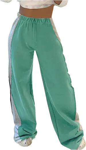 Women's Elastic Waist Color Block Patchwork Jogger Pants Workout Running Sweatpants Baggy Lounge Pants Casual Trousers