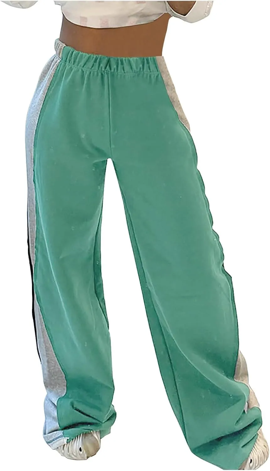 Women's Elastic Waist Color Block Patchwork Jogger Pants Workout Running Sweatpants Baggy Lounge Pants Casual Trousers