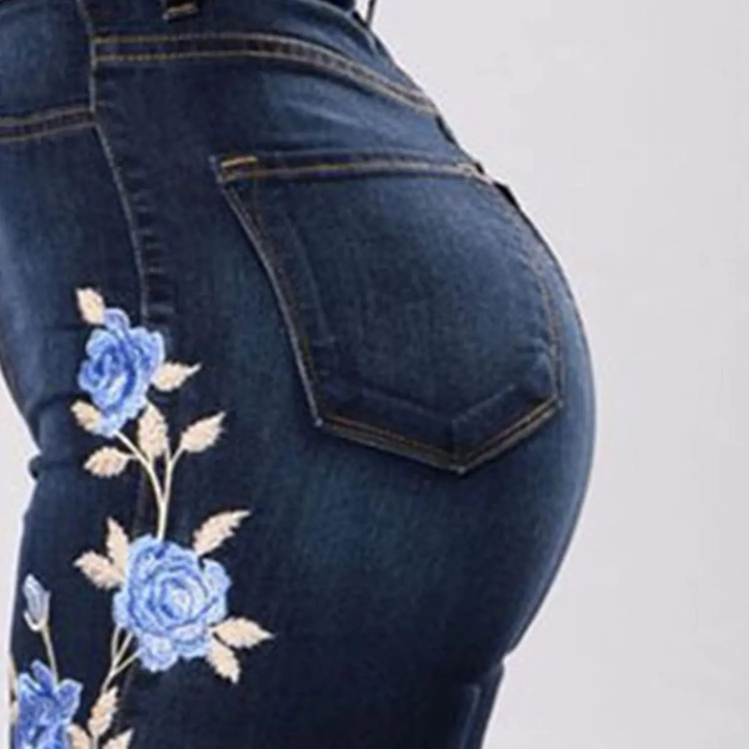 Women's Floral Embroidered Denim Pants Waisted Stretch Slim Skinny Jeans Sexy Button Fly Pencil Jean Trousers
