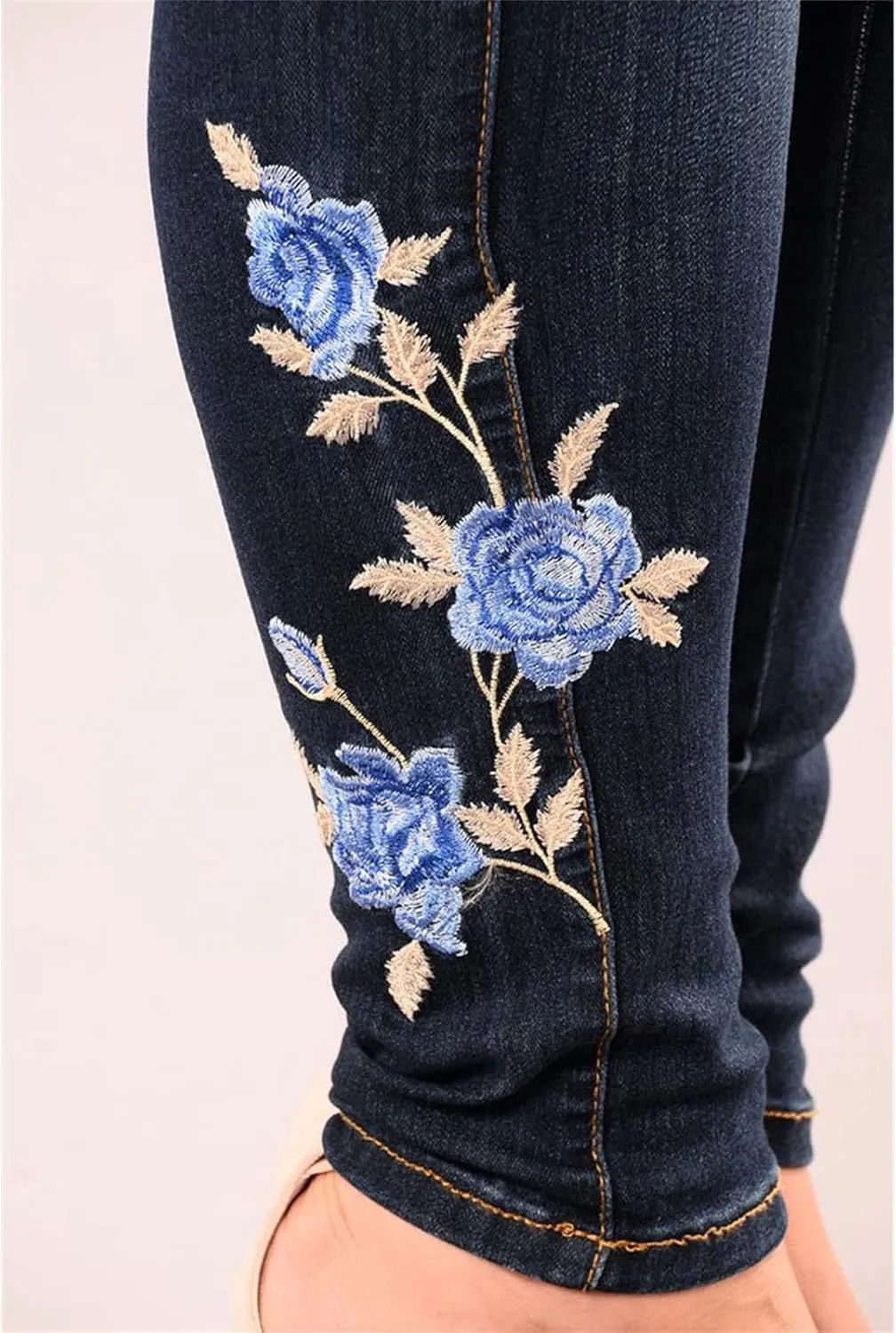 Women's Floral Embroidered Denim Pants Waisted Stretch Slim Skinny Jeans Sexy Button Fly Pencil Jean Trousers