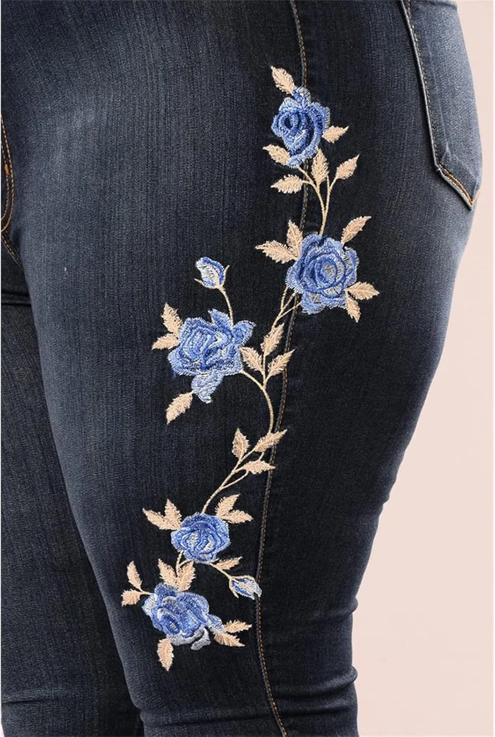 Women's Floral Embroidered Denim Pants Waisted Stretch Slim Skinny Jeans Sexy Button Fly Pencil Jean Trousers