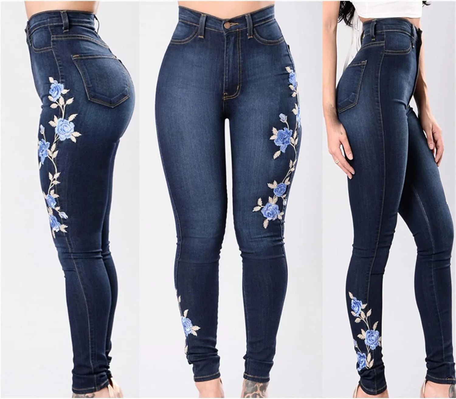 Women's Floral Embroidered Denim Pants Waisted Stretch Slim Skinny Jeans Sexy Button Fly Pencil Jean Trousers