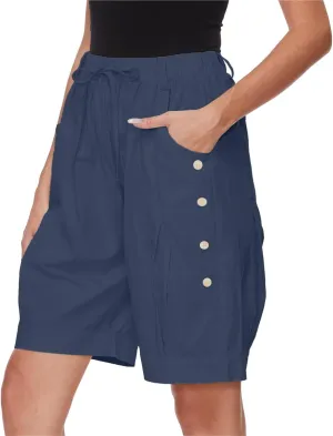 Women's High Waist Bermuda Shorts Loose Drawstring Capri Pants with Pockets Wide Leg Summer Shorts