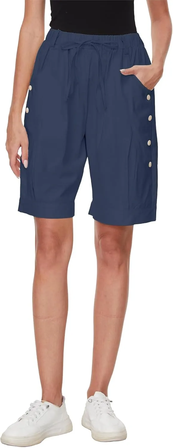 Women's High Waist Bermuda Shorts Loose Drawstring Capri Pants with Pockets Wide Leg Summer Shorts