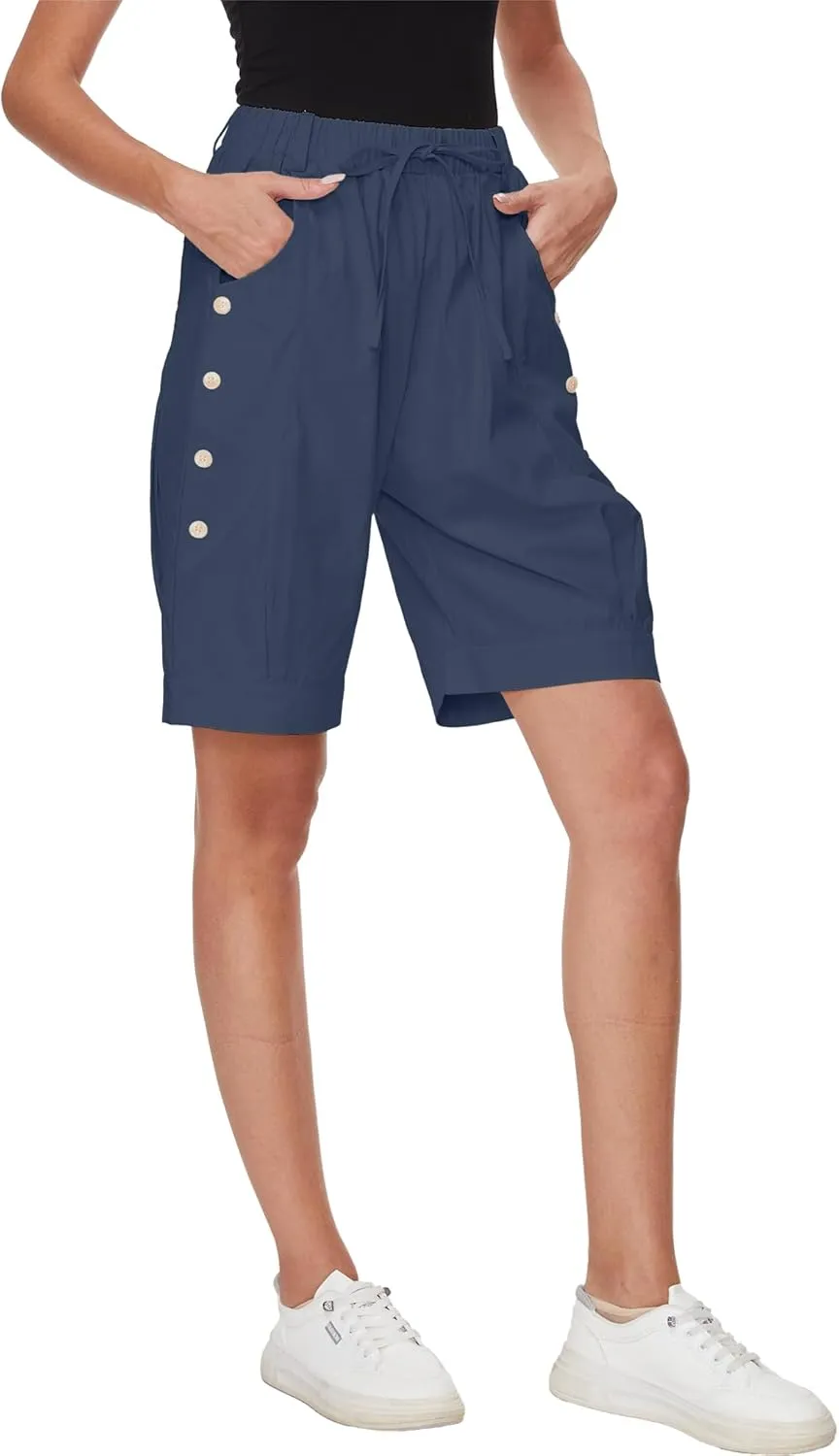 Women's High Waist Bermuda Shorts Loose Drawstring Capri Pants with Pockets Wide Leg Summer Shorts