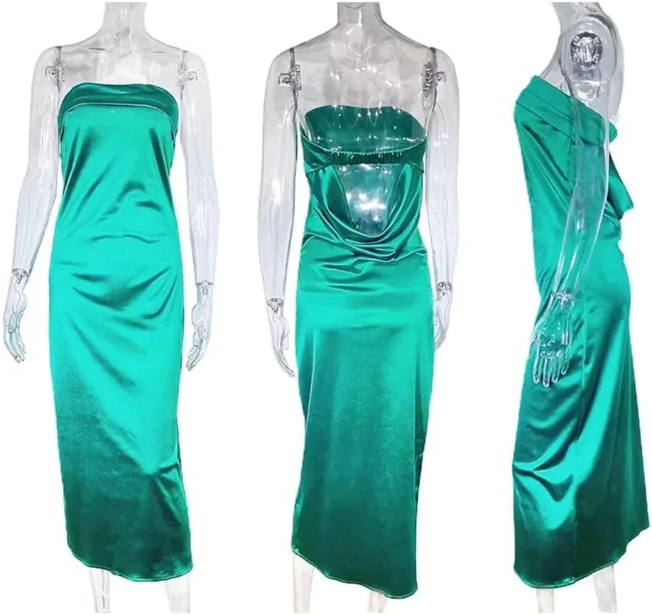Women's Satin Tube Sexy Backless Formal Wedding Guest Evening Party Maxi Dresses Gala Dress