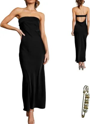 Women's Satin Tube Sexy Backless Formal Wedding Guest Evening Party Maxi Dresses Gala Dress