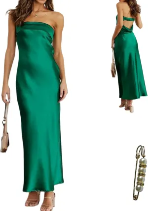 Women's Satin Tube Sexy Backless Formal Wedding Guest Evening Party Maxi Dresses Gala Dress