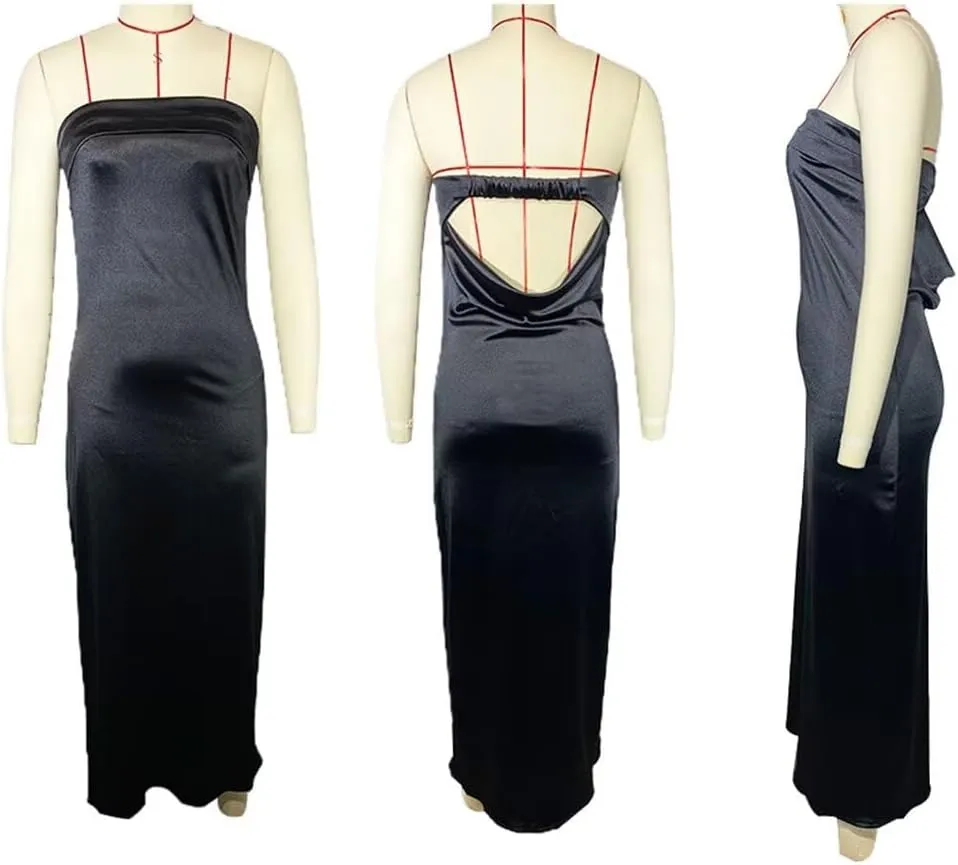Women's Satin Tube Sexy Backless Formal Wedding Guest Evening Party Maxi Dresses Gala Dress