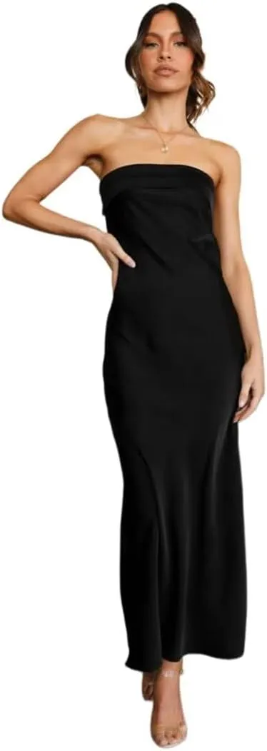Women's Satin Tube Sexy Backless Formal Wedding Guest Evening Party Maxi Dresses Gala Dress