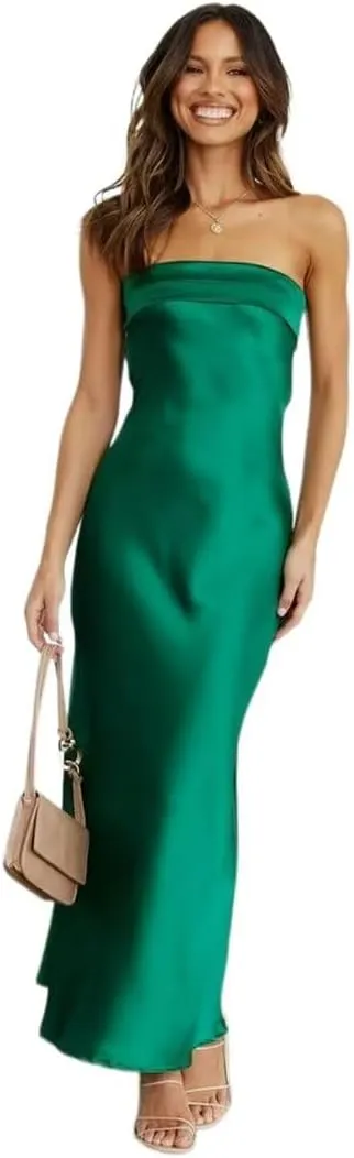 Women's Satin Tube Sexy Backless Formal Wedding Guest Evening Party Maxi Dresses Gala Dress