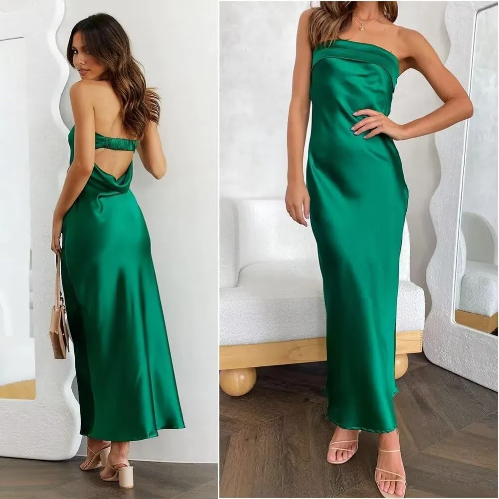 Women's Satin Tube Sexy Backless Formal Wedding Guest Evening Party Maxi Dresses Gala Dress