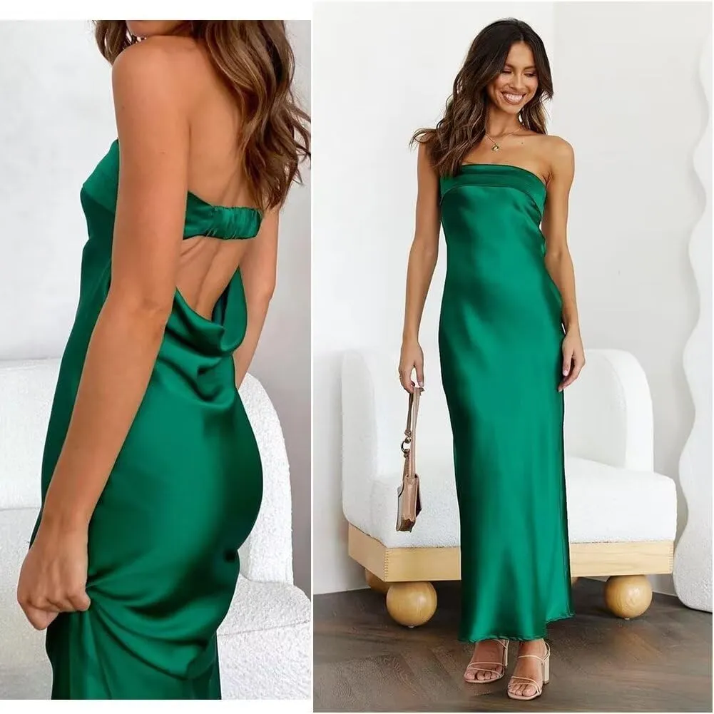 Women's Satin Tube Sexy Backless Formal Wedding Guest Evening Party Maxi Dresses Gala Dress