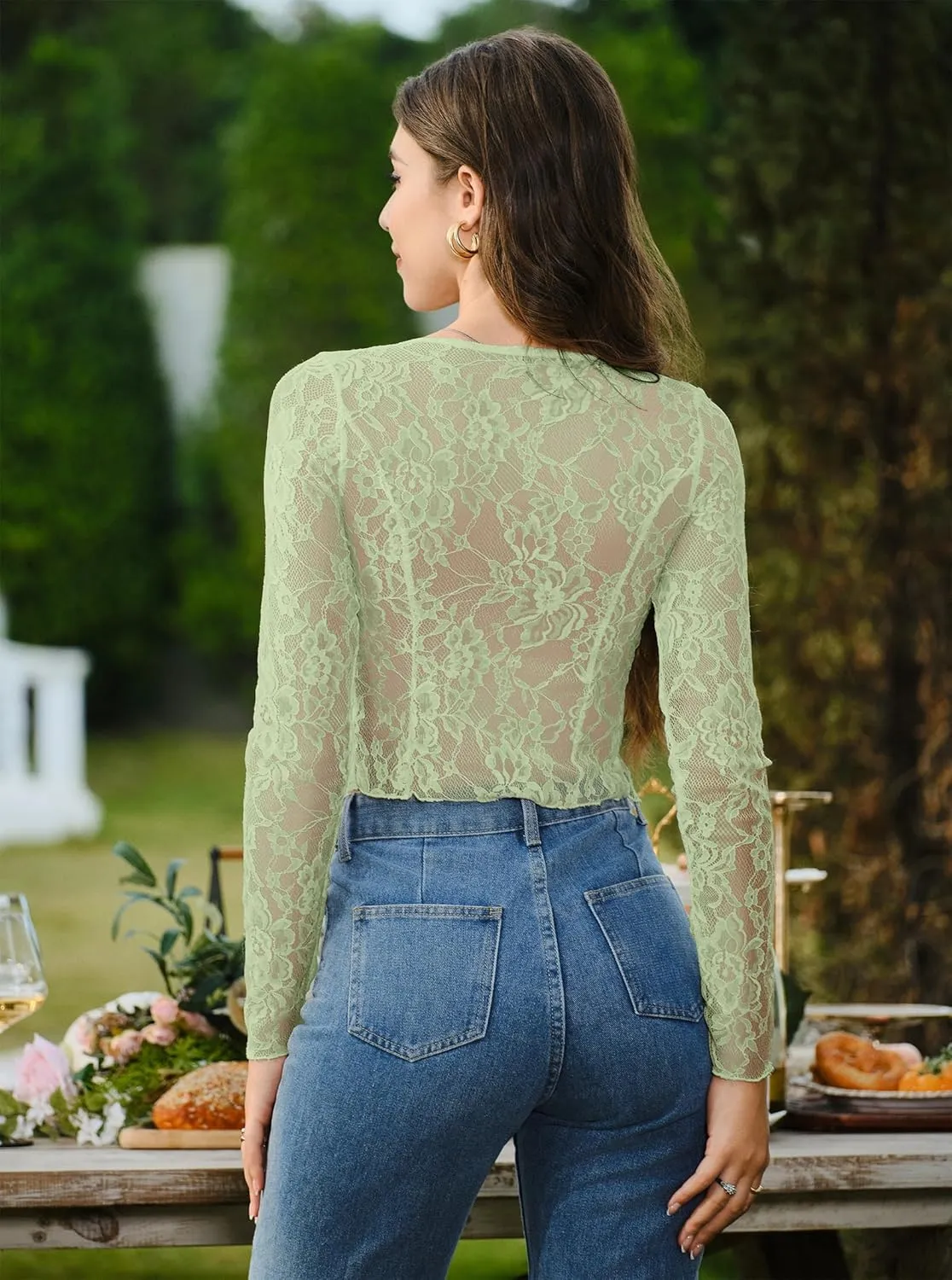 Women's Sexy Open Front Tie Long Sleeve Ruffle Trim Sheer Mesh Lace Crop Tops Blouses