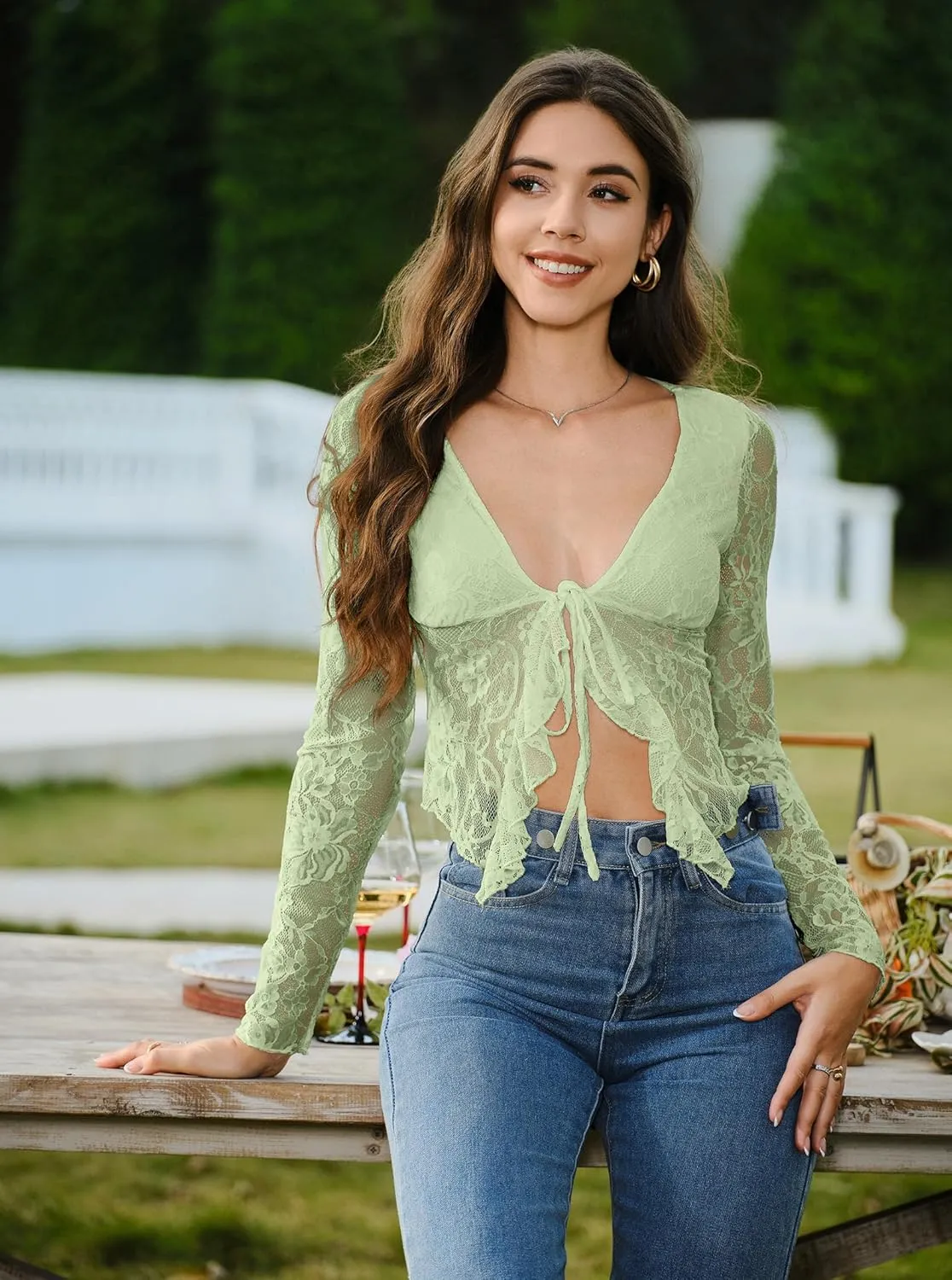 Women's Sexy Open Front Tie Long Sleeve Ruffle Trim Sheer Mesh Lace Crop Tops Blouses