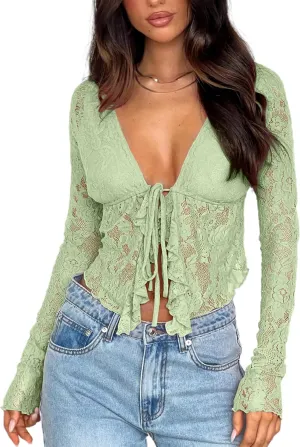Women's Sexy Open Front Tie Long Sleeve Ruffle Trim Sheer Mesh Lace Crop Tops Blouses