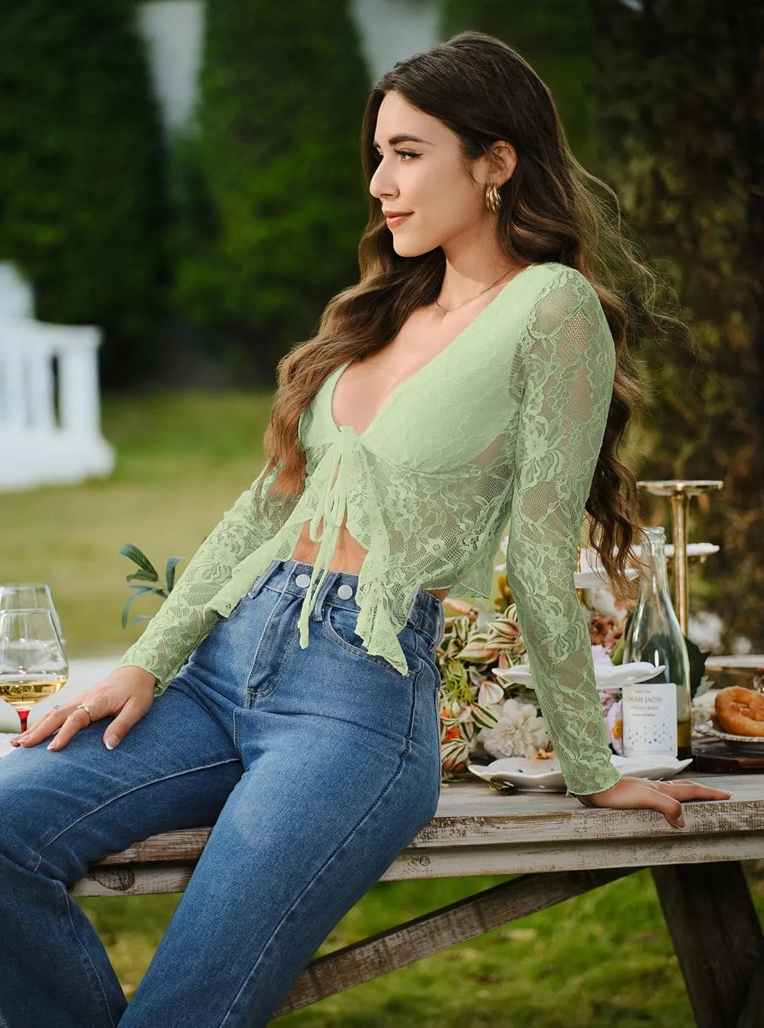Women's Sexy Open Front Tie Long Sleeve Ruffle Trim Sheer Mesh Lace Crop Tops Blouses