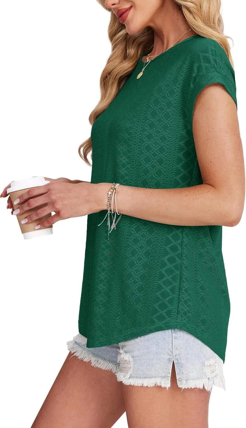 XIEERDUO Womens Tops Short Sleeve Shirts Blouses for Women Dressy Casual Cap Sleeve Tops with Curved Hem