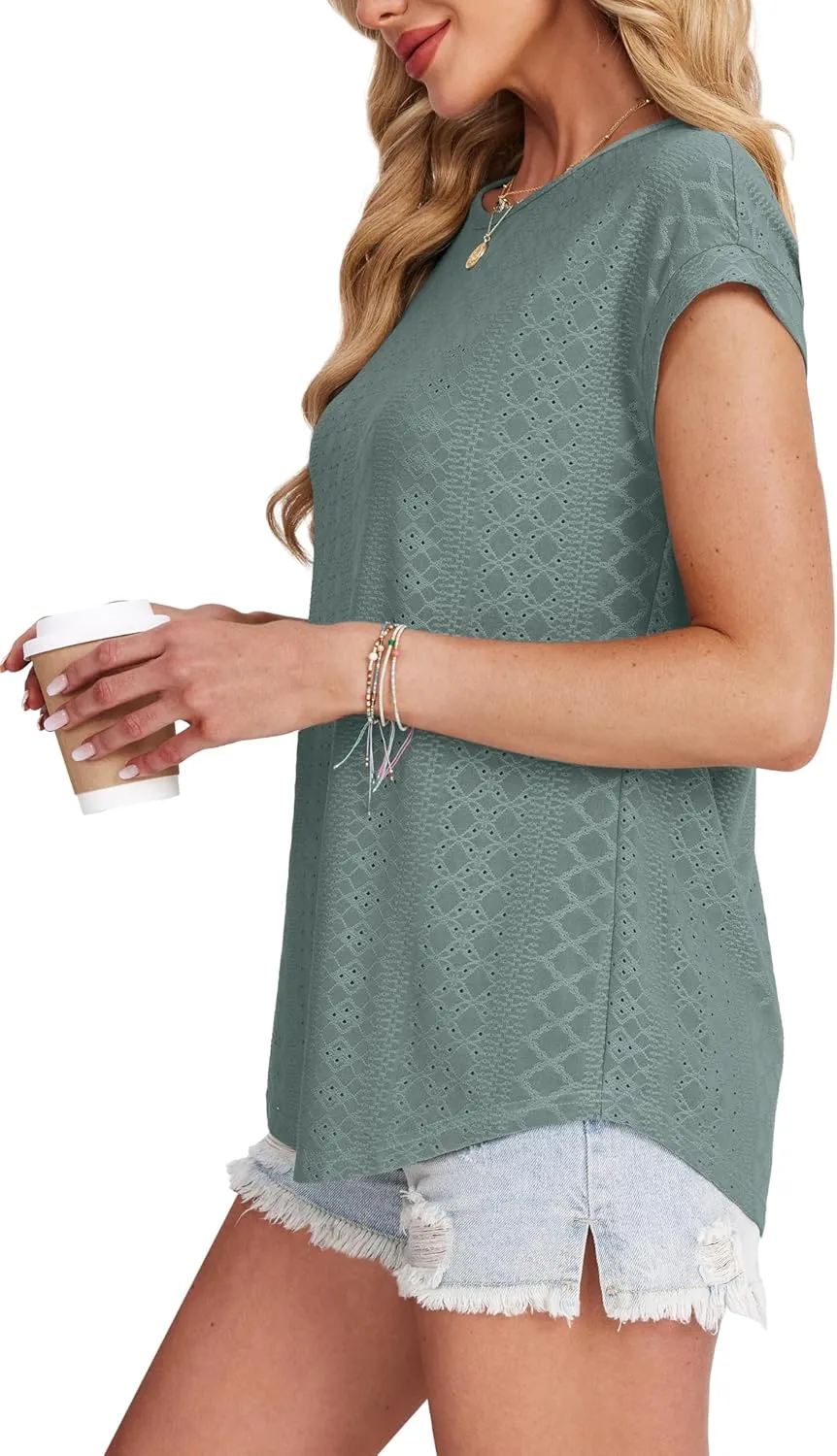 XIEERDUO Womens Tops Short Sleeve Shirts Blouses for Women Dressy Casual Cap Sleeve Tops with Curved Hem