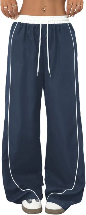 ZAFUL Womens Parachute Pants Y2K Wide Leg Cargo Sweatpants Drawstring Waist Jogger Pants with Pockets
