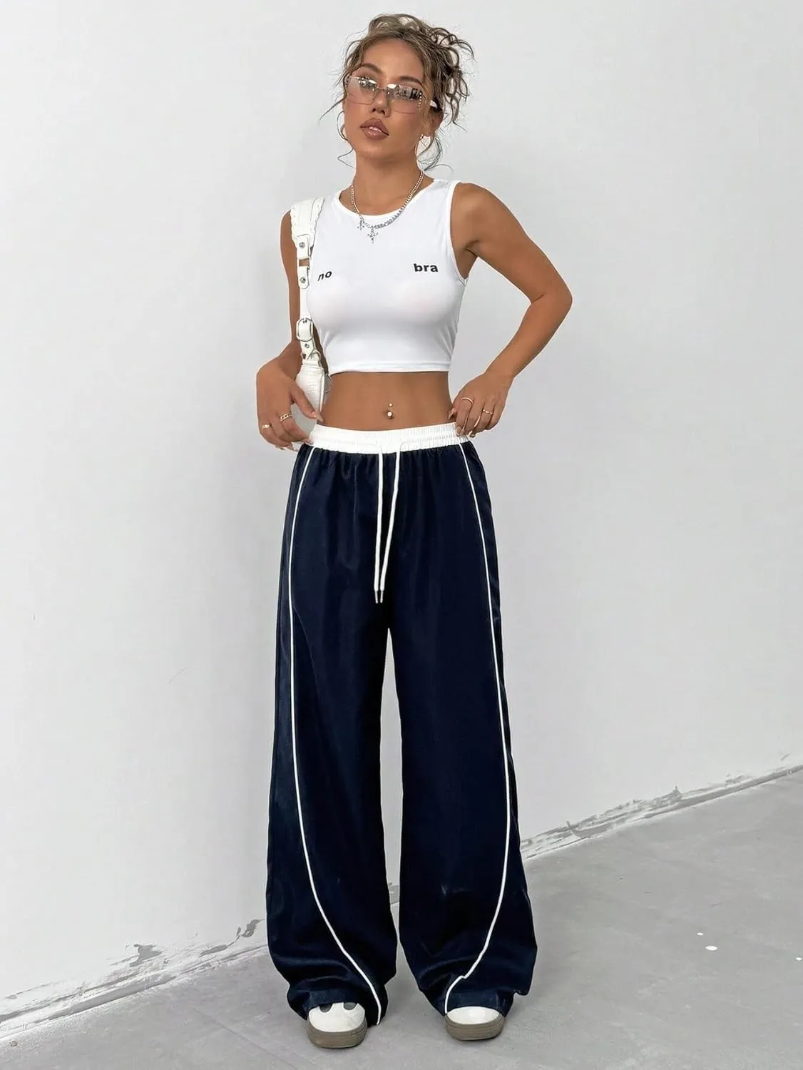 ZAFUL Womens Parachute Pants Y2K Wide Leg Cargo Sweatpants Drawstring Waist Jogger Pants with Pockets