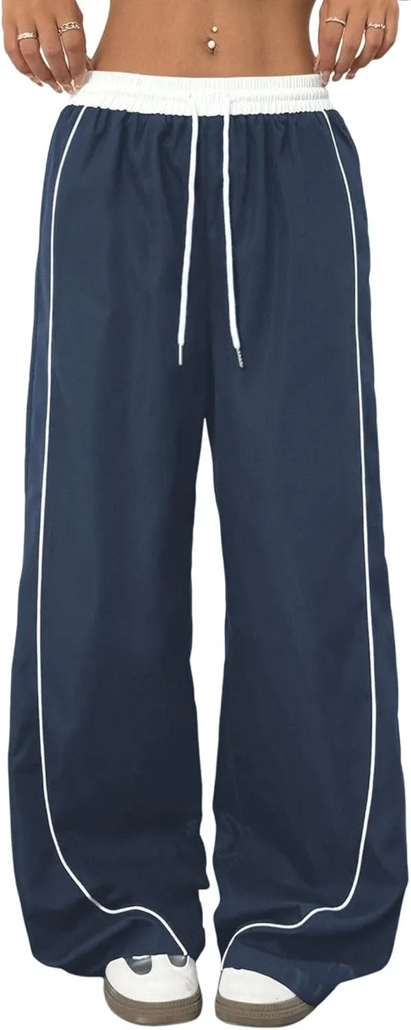 ZAFUL Womens Parachute Pants Y2K Wide Leg Cargo Sweatpants Drawstring Waist Jogger Pants with Pockets